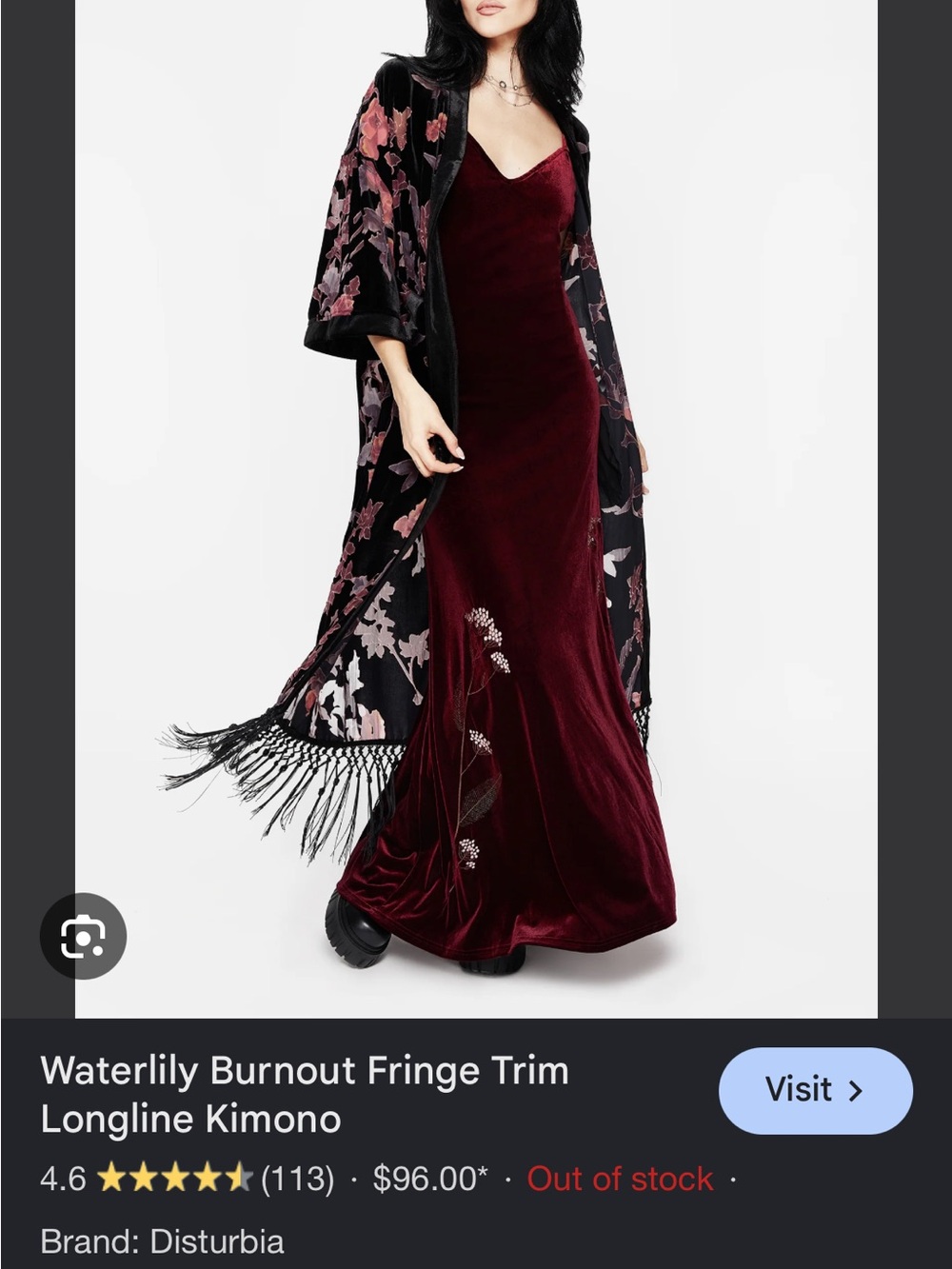 Disturbia Velvet Floral Burnout Fringe Longline Kimono - Black & Pink